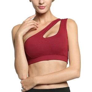 Sports Bra One Shoulder Removable Padded Top Wirefree Medium Support Workout Red